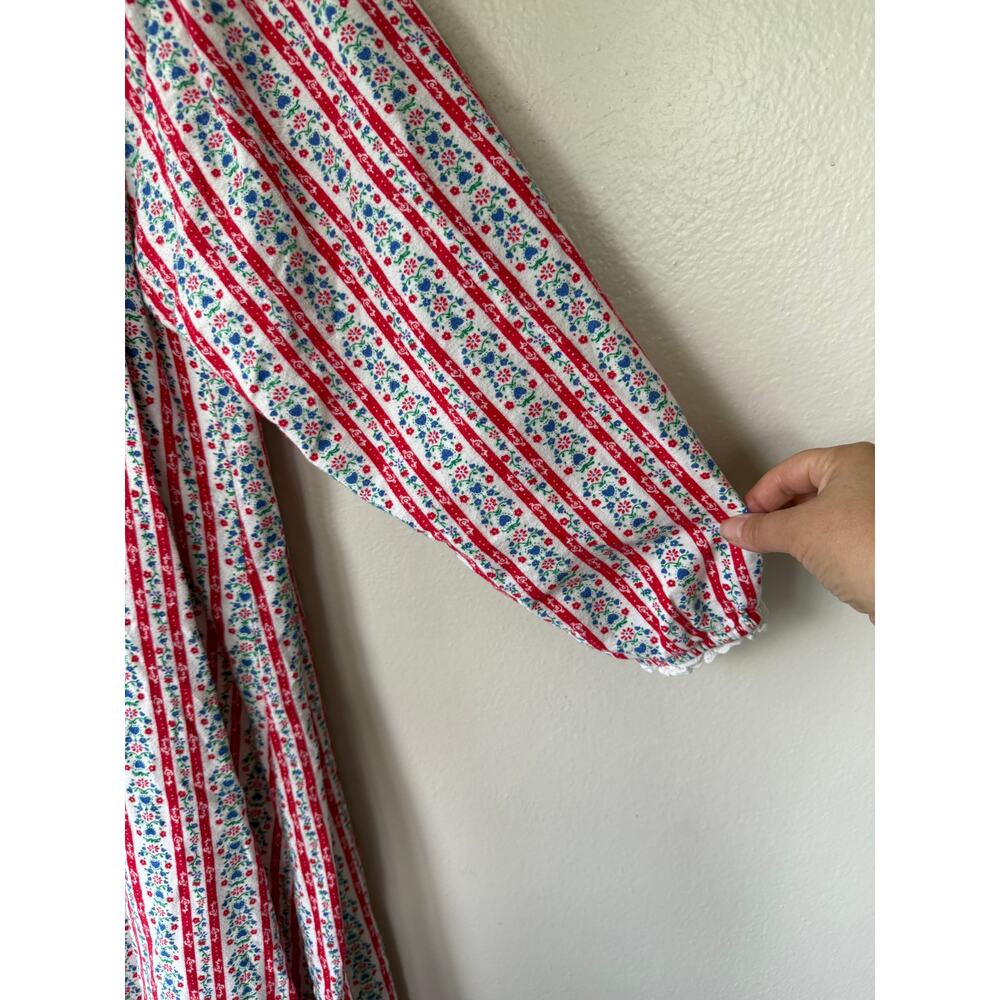 Lanz of Salzburg Flannel Small Red Floral Stripe Prairie Nightgown Ruffle Trim - Picture 7 of 13